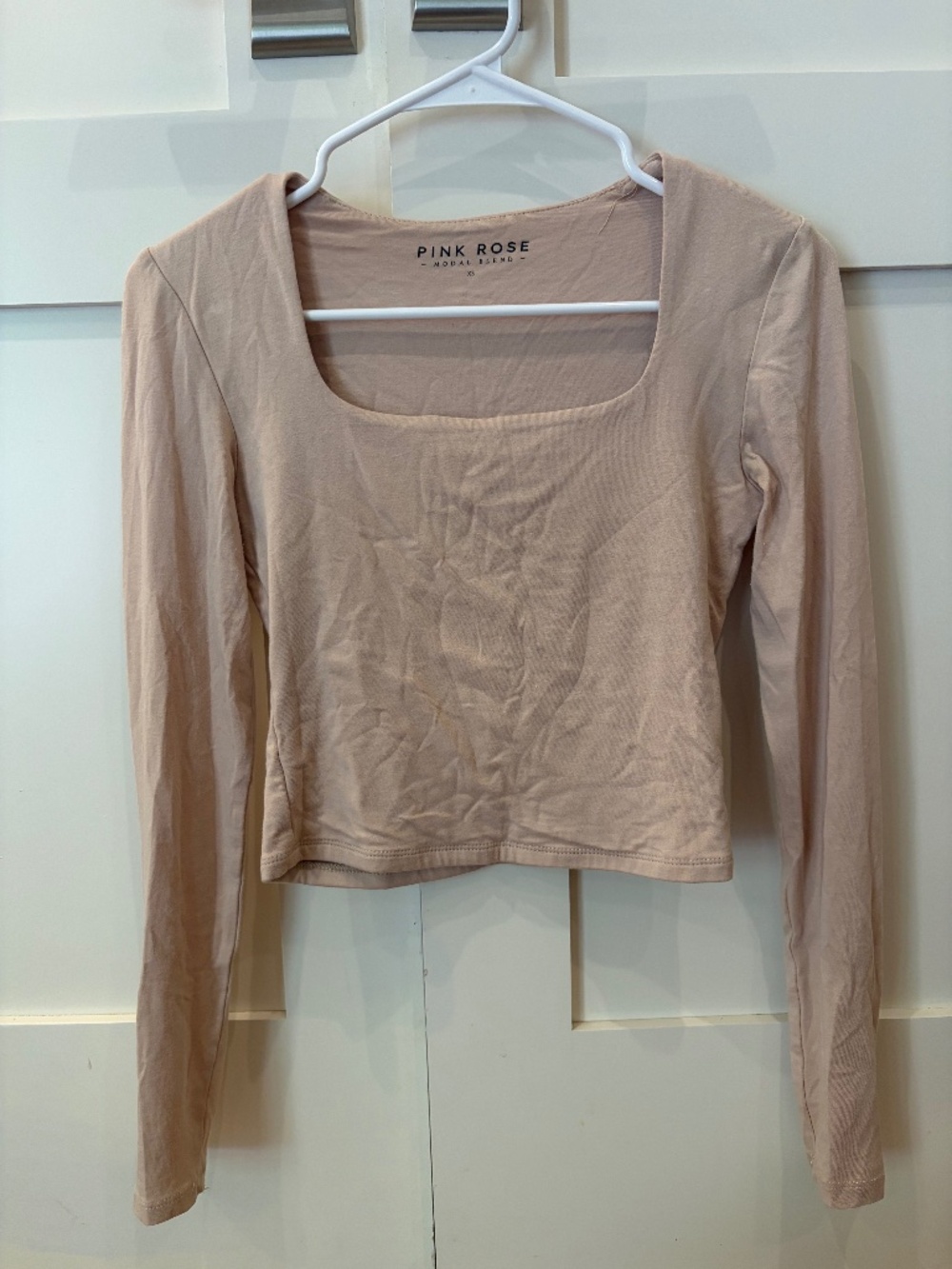 Pink Rose Modal Blend Square Neck Long Sleeve Top | Blush Nude | Cropped